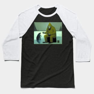 Eeri Yeti Ice Fishing with his Bigfoot Dog Baseball T-Shirt